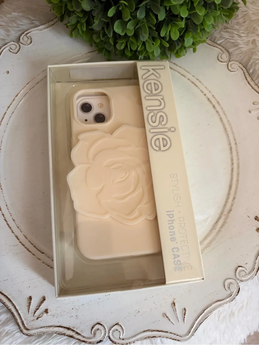 Kensie Cream Floral iPhone 15 Case with Raised Rose Design